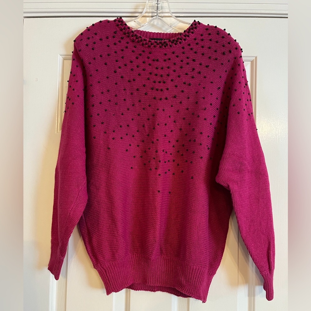 Vintage pink/black bead Cotton sweater M L